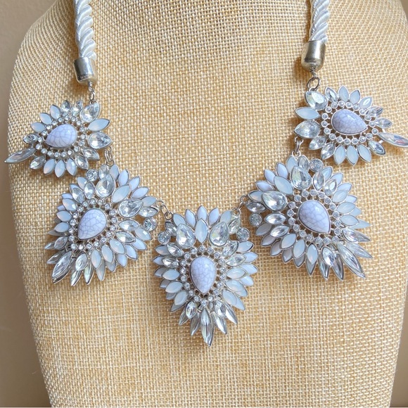 Chunky silvertone statement necklace with clear and gray rhinestone segments - Picture 2 of 9